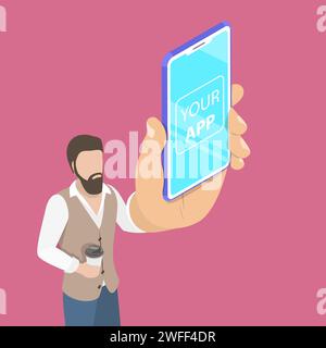 Flat isometric vector concept of mobile app launch, startup idea, mobile development. Stock Vector