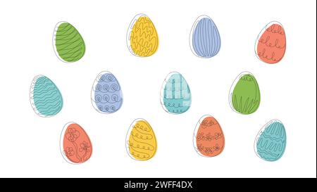Set of Colored Easter eggs with patterns. Continuous one line drawing. Illustration on white background. Design elements. Ideal for icon, logo, print, Stock Vector