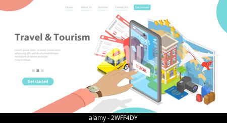 3D Isometric Flat Vector Landing Page Template of Trip Booking Online App, Holiday Travel Hotel and Flight Tickets Reservation. Stock Vector