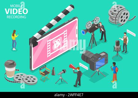 Isometric Flat Vector Concept of Mobile Video Recoding App, Motion Design Studio Software, Multimedia Production, Video Blogging. Stock Vector