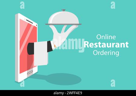 Flat isometric vector concept of table online reservation, mobile booking, food ordering and delivery. Stock Vector