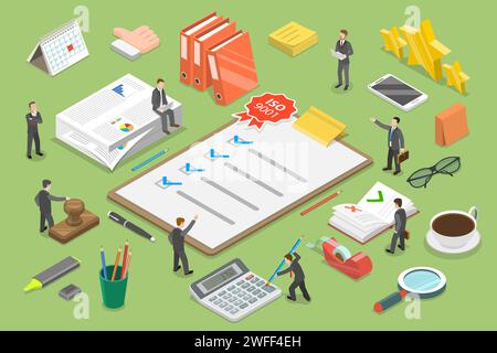 3D Isometric Flat Vector Conceptual Illustration of Quality Management System, ISO 9001 Standard for Quality Control, International Certification. Stock Vector