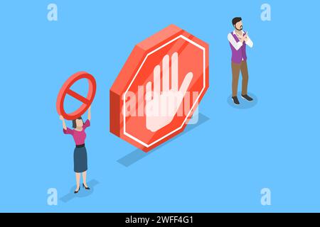 Isometric Flat Vector Concept of. Prohibited or No Enter Sign, For Authorized Personnel Only, Danger or Safety Caution Message. Stock Vector