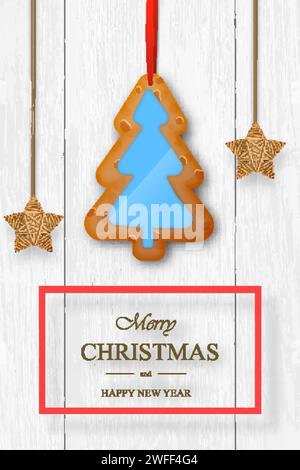 Christmas vector on white wooden background with wishes, gingerbread, wooden stars. For greeting card, poster and banner. Stock Vector