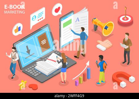3D Isometric Flat Vector Conceptual Illustration of E-book Marketing Campaign, Online Education and Literature Reading, Cloud Digital Library. Stock Vector