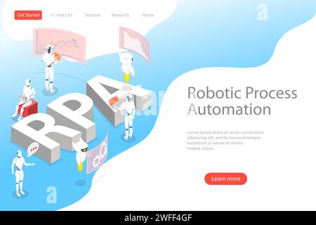 Isometric flat vector landing page template of robotic process automatisation, RPA, AI, artificial intelligence, machine learning. Stock Vector