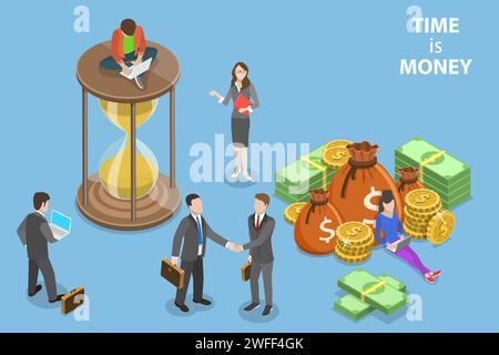 Flat isometric vector concept of time is money, income growth, roi, financial investments, time management and planning. Stock Vector