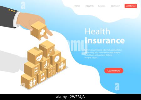 Isometric flat vector landing pate template of health insurance, healthcare and medical service. Stock Vector