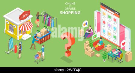 3D Isometric Flat Vector Conceptual Illustration of Online vs Ofline Shoppping, Pros and Cons. Stock Vector