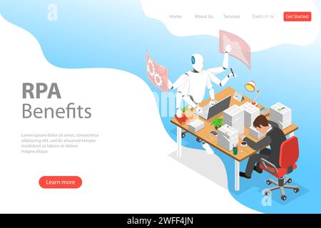 Isometric flat vector landing page template of RPA vs manual labor, robotic process automatisation, RPA, AI, artificial intelligence, machine learning Stock Vector