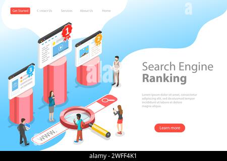 Flat isometric vector landing pate template of seo ranking, website optimization marketing, web analytics, search engine. Stock Vector