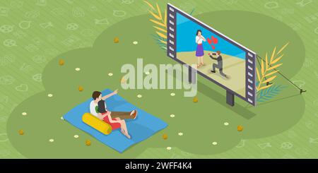 Isometric flat vector concept of outdoor cinema theatre, open air movie watching, romantic movie night. Stock Vector