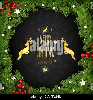 Christmas Wreath on Black Background. For Greeting Card, Poster and Banner. Pine Branches, Berries. Vector Illustration. Stock Vector