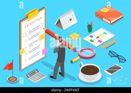 Isometric Vector Concept of Priorities List, Schedule Calendar, Effective Time Management. Stock Vector
