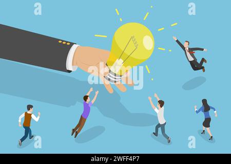 3D Isometric Flat Vector Conceptual Illustration of Chasing Idea, People are Fighting for the Light Bulb Giving Them by a Big Hand. Stock Vector