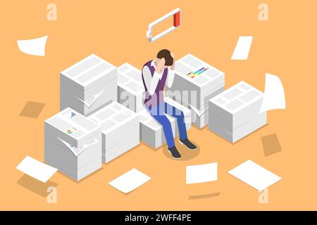 Isometric Vector Concept of Overworked and Tired Office Worker, Exhausted Paper Work, Project Deadline. Stock Vector