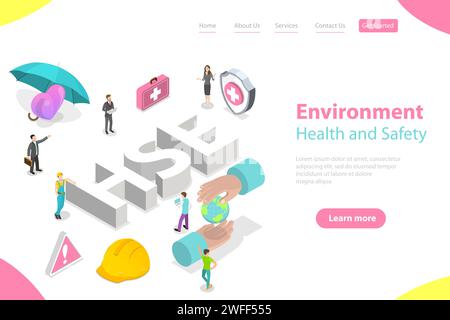 Isometric Flat Vector Landing Page Concept of HSE, Practical Aspects of Environmental Protection and Safety at Work, Health Safety Environment. Stock Vector