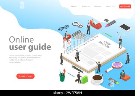 Isometric flat vector landing page template of user manual, guide, operating instractions, requirements and specifications document. Stock Vector