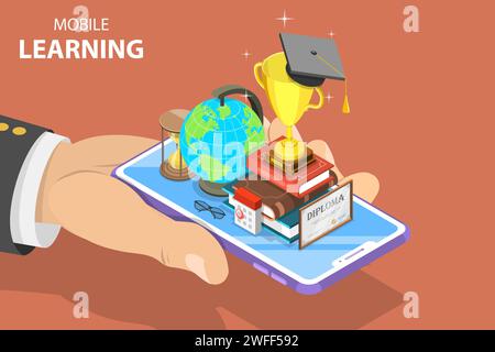 Flat isometric vector concept of mobile education, e-learning, webinar, online training. Stock Vector