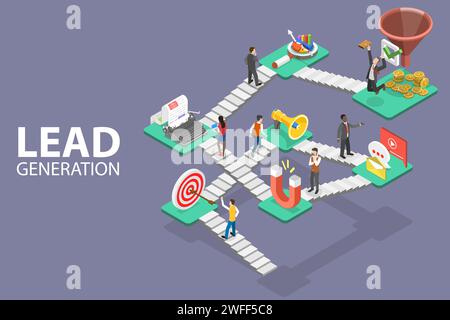 Lead Generation Strategy. Marketing Process of Conversion Rate Optimization and Generating Business Leads. 3D Isometric Flat Vector Conceptual Illustr Stock Vector