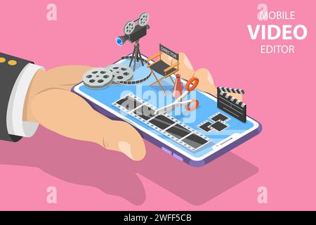 Isometric flat vector concept of video editing app, multimedia production, video blogging, motion design. Stock Vector