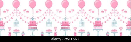 Seamless horizontal border with cake on a stand, triangle flags, cupcakes. Stock Vector
