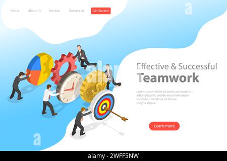 Flat isometric vector landing pate template of effective teamwork, business team, brainstorm. Stock Vector