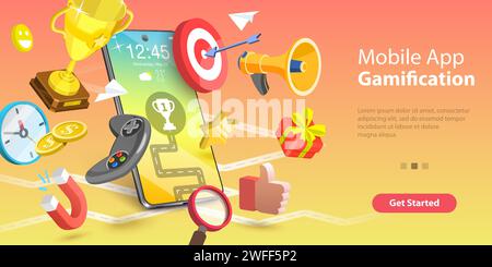 Mobile App Gamification, Interactive Content For Audience Engaging, Encouraging Customers to Earn Rewards. 3D Vector Conceptual Illustration. Stock Vector