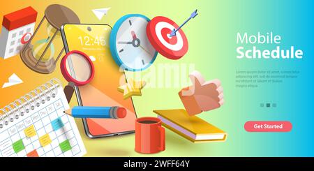 3D Vector Conceptual Illustration of Mobile Scheduling App, Online Time Management Service. Stock Vector