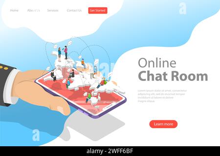 Flat isometric vector landing page template of live chat, social media network, digital communication, chatting. Stock Vector
