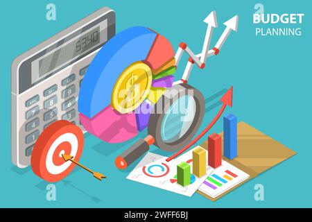 3D Isometric Flat Vector Conceptual Illustration of Budget Planning and Financial Management. Stock Vector