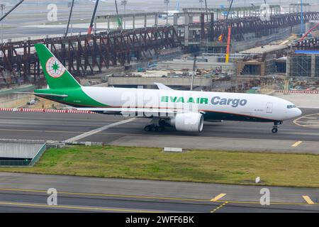 EVA Air Cargo Boeing 777 airplane. Cargo plane of EVA Air Cargo. Aircraft 777F of Evergreen Airways used for freighter transport. Stock Photo