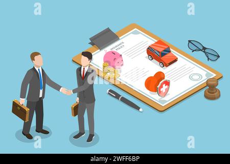 Isometric flat vector concept of insurance deal, policy, healthcare and medical service. Stock Vector