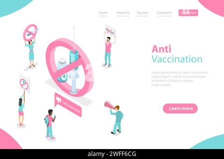 3D Isometric Flat Vector Landing Page Tamplate of Anti-vaccination, Preventive Medicine Rejecting, Anti-immunisation Campaign. Stock Vector