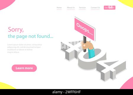 Isometric flat vector landing page tempate of 404 error, page not found, loss of connection, webpage under construction. Stock Vector