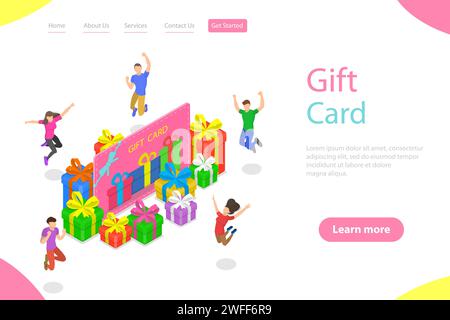 Isometric flat vector landing page template of gift card, loyalty program, earning points and getting bonus, cash back. Stock Vector