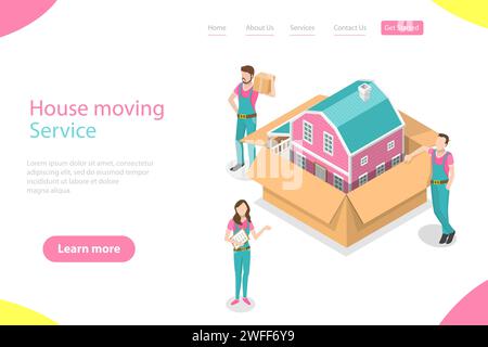 Isometric flat vector landing page template of house moving and relocation service, fast delivery. Stock Vector