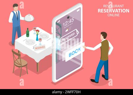3D Isometric Flat Vector Concept of, Restaurant and Cafe Online Food Order App, Table Online Reservation, Mobile Booking. Stock Vector