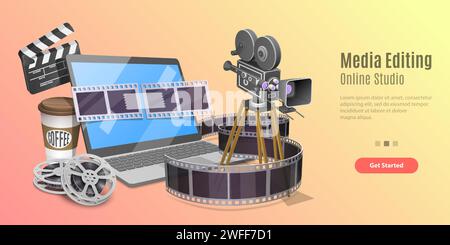 3d Concept of Mobile Video Editing Service, Motion Design Studio Software, Multimedia Production, Video Blogging. Vector Template For Web Banner or We Stock Vector