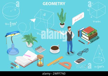 3D Isometric Flat Vector Concept of Geometry Learning Course, Teacher is Giving a Lecture on Trigonometry. Stock Vector