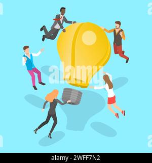 3D Isometric Flat Vector Concept of Idea Searching and Teamwork, Brainstorming and Business Collaboration. Stock Vector