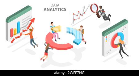 3D Isometric Flat Vector Concept of Business Statistics and Analytics, Audit Report, Company Performance Analysis, Teamwork and Brainstorming. Stock Vector