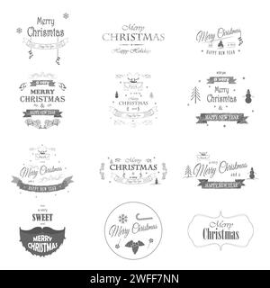 Merry Christmas and Happy New Year Typography Collection. Templates for Greeting Cards. Vector Logo, Emblems. Stock Vector