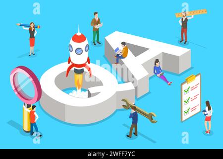 Isometric flat vector concept of QA, quality assurance, software app testing, coding and programming, question and answer, SQA team. Stock Vector