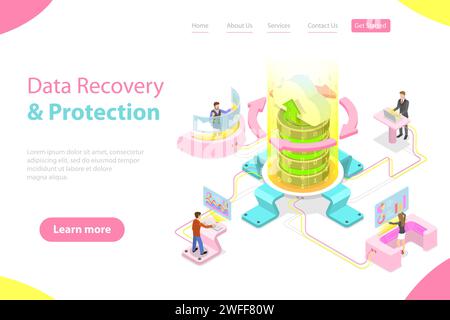 Isometric flat vector landing pate template of data recovery services, data backup and protection, hardware repair. Stock Vector