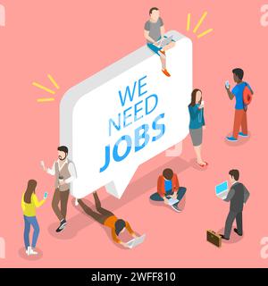 3D Isometric Flat Vector Conceptual Illustration of Searching for a Job, High Unemployment Rate because of Coronavirus Crisis COVID-19 and Business Lo Stock Vector