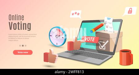 3d Concept of Online Voting App, E-voting, Internet Election System. Vector Template For Web Banner or Website Landing Page. Stock Vector