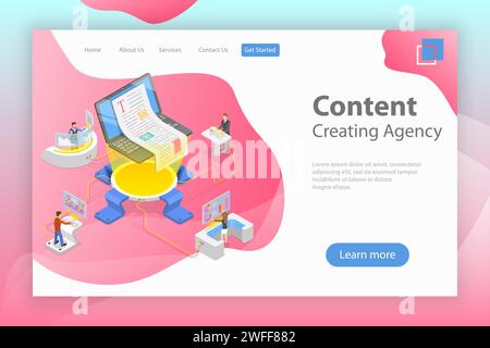 Flat isometric vector landing pate template of content creating, copywriting, creative writing, content marketing. Stock Vector