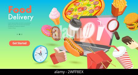 3D Vector Conceptual Illustration of Restaurant and Cafe Online Food Ordering Web Service, Takeaway Food Online, Fast Free Delivery. Stock Vector