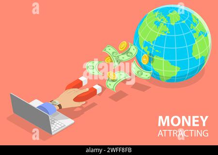3D Isometric Flat Vector Conceptual Illustration of Money Attracting, Financial Investment, Financial Goals Achievement. Stock Vector
